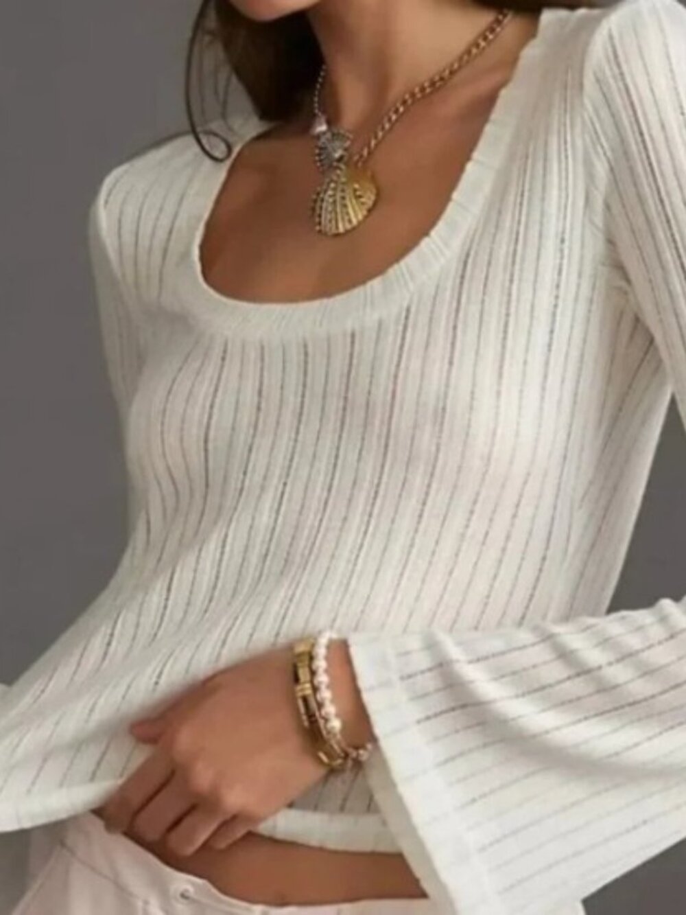 Anthropologie Pointelle Flare Sleeve Top White Size Small